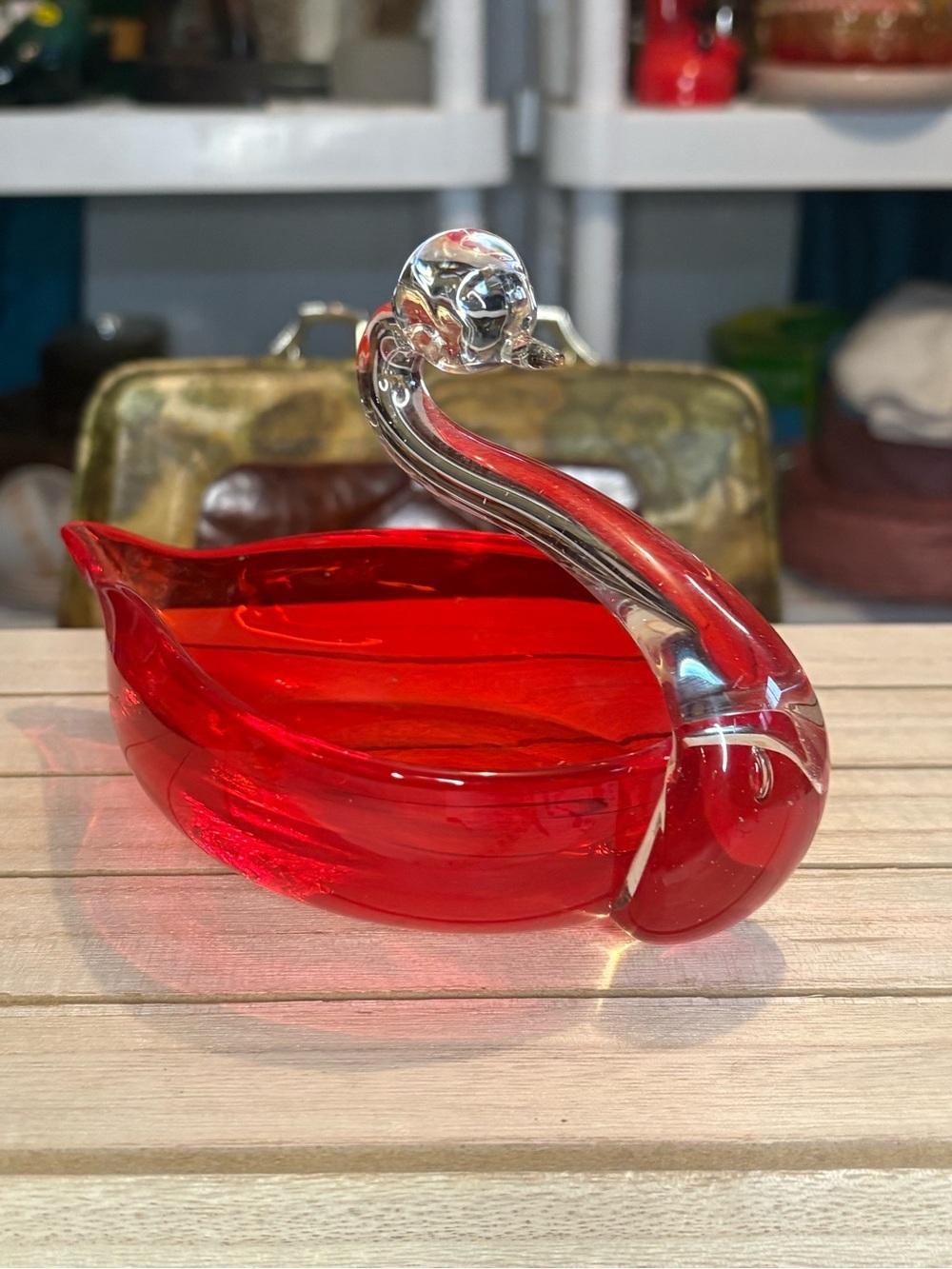 Vintage Red Glass Swan Dish - Decorative Home Accent